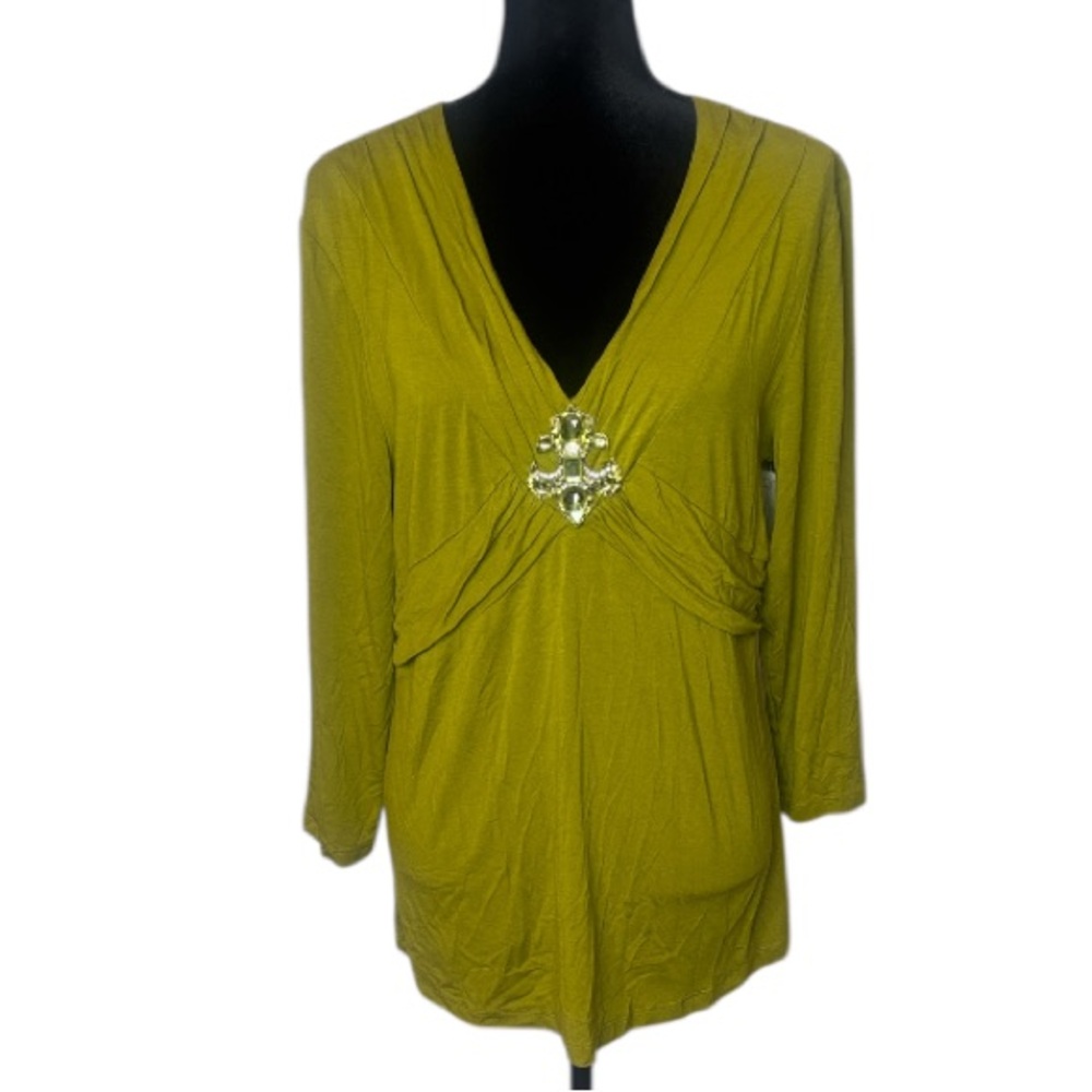 🌹Reba - Chartreuse Women's Blouse with Jewel Accent - Size XL